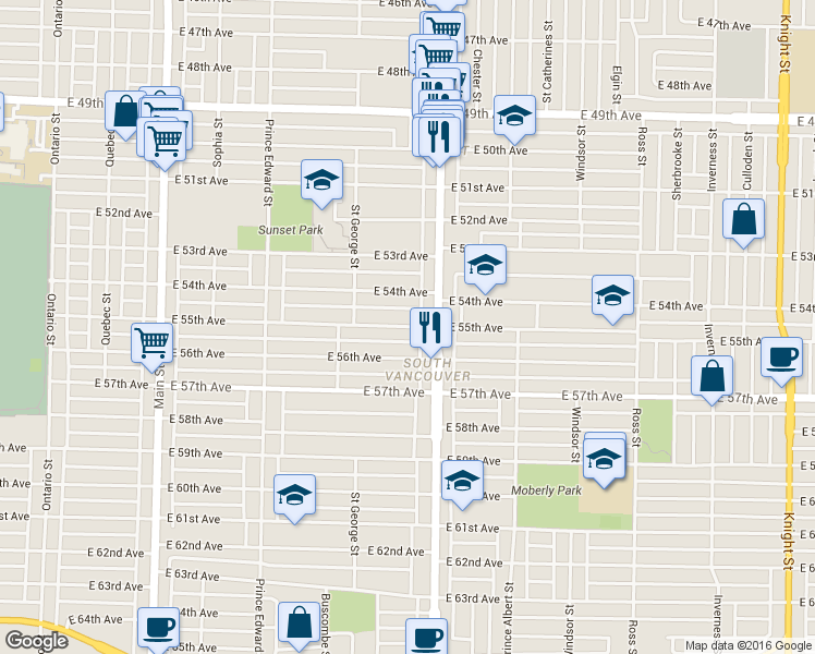 map of restaurants, bars, coffee shops, grocery stores, and more near 628 East 55th Avenue in Vancouver