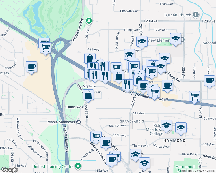 map of restaurants, bars, coffee shops, grocery stores, and more near 20214 Lougheed Highway in Maple Ridge