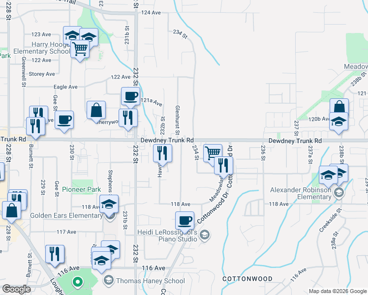 map of restaurants, bars, coffee shops, grocery stores, and more near 11980 Glenhurst Street in Maple Ridge