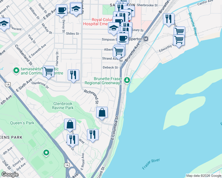 map of restaurants, bars, coffee shops, grocery stores, and more near 323 Governors Court in New Westminster