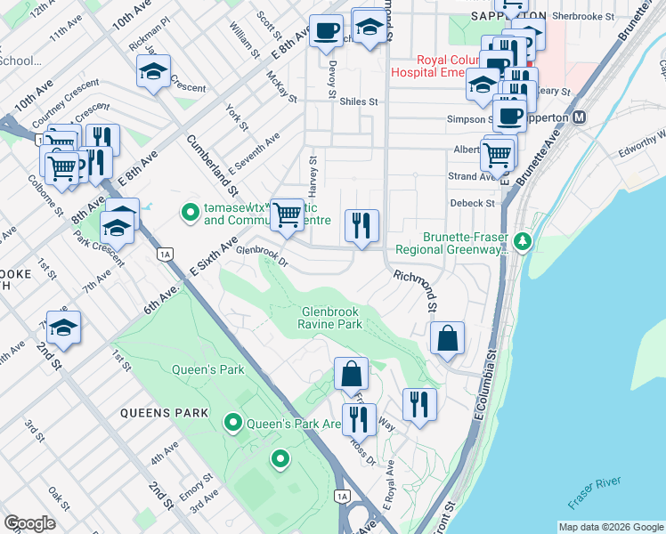 map of restaurants, bars, coffee shops, grocery stores, and more near 431 Glenbrook Drive in New Westminster