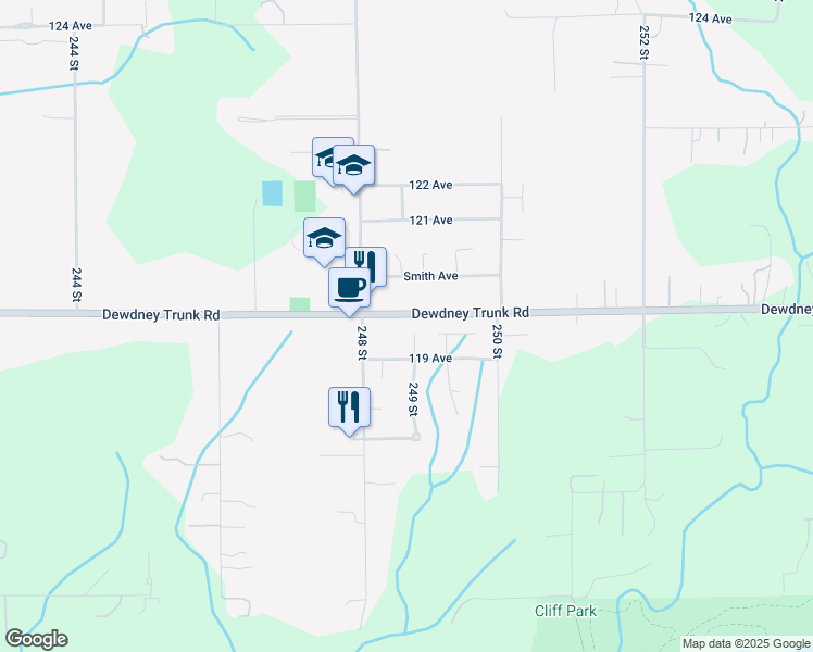 map of restaurants, bars, coffee shops, grocery stores, and more near 11943 249 Street in Maple Ridge