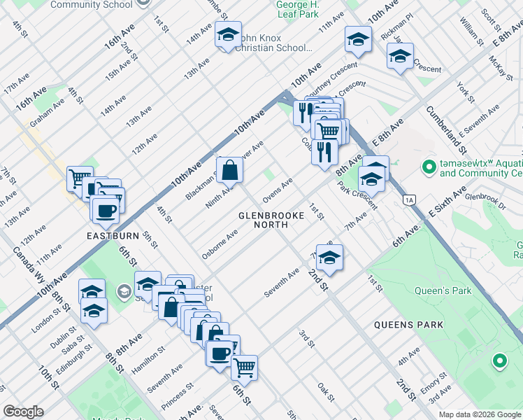 map of restaurants, bars, coffee shops, grocery stores, and more near Osborne Avenue in New Westminster