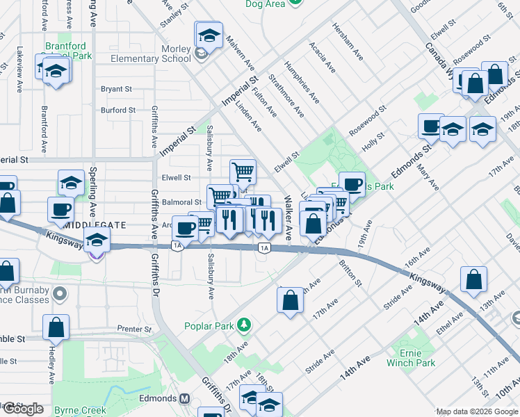 map of restaurants, bars, coffee shops, grocery stores, and more near 7030 Hall Avenue in Burnaby