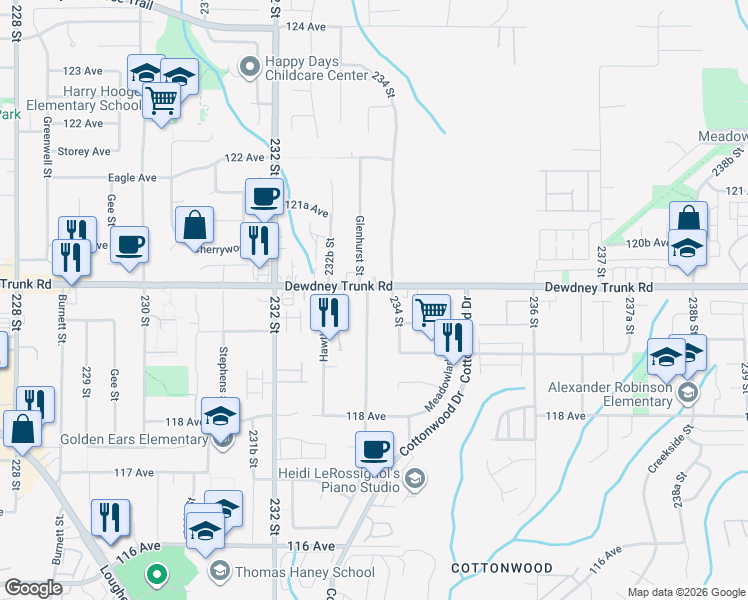 map of restaurants, bars, coffee shops, grocery stores, and more near 11980 Glenhurst Street in Maple Ridge