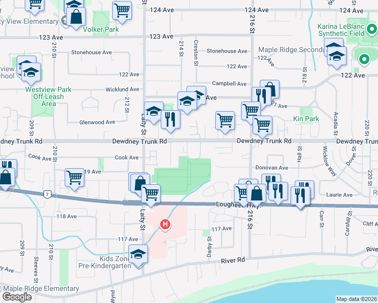 map of restaurants, bars, coffee shops, grocery stores, and more near 21415 Dewdney Trunk Road in Maple Ridge