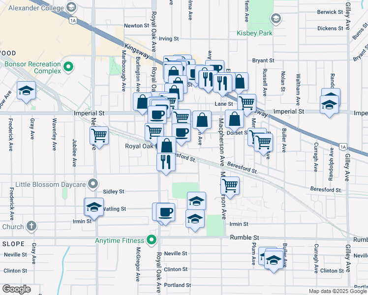 map of restaurants, bars, coffee shops, grocery stores, and more near in Burnaby