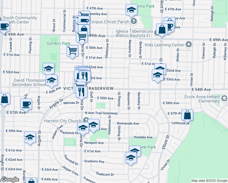map of restaurants, bars, coffee shops, grocery stores, and more near 2266 East 54th Avenue in Vancouver