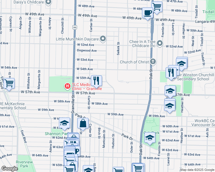 map of restaurants, bars, coffee shops, grocery stores, and more near 7225 Hudson Street in Vancouver
