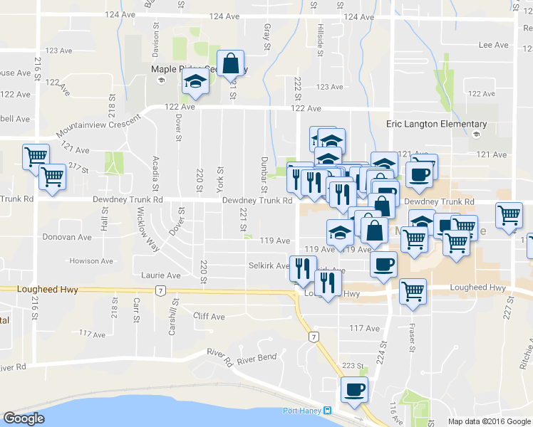 map of restaurants, bars, coffee shops, grocery stores, and more near in Maple Ridge