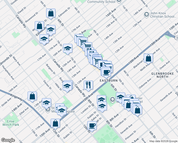 map of restaurants, bars, coffee shops, grocery stores, and more near 7818 12th Avenue in Burnaby