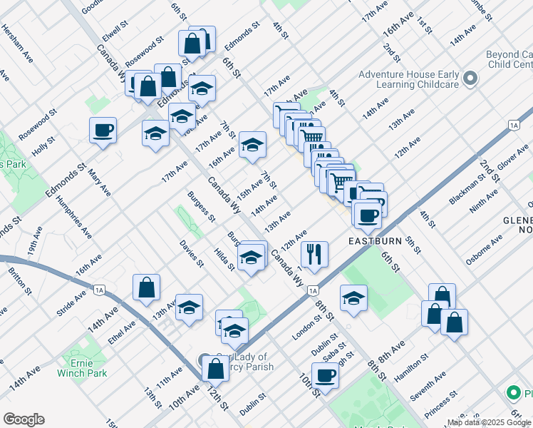 map of restaurants, bars, coffee shops, grocery stores, and more near in Burnaby