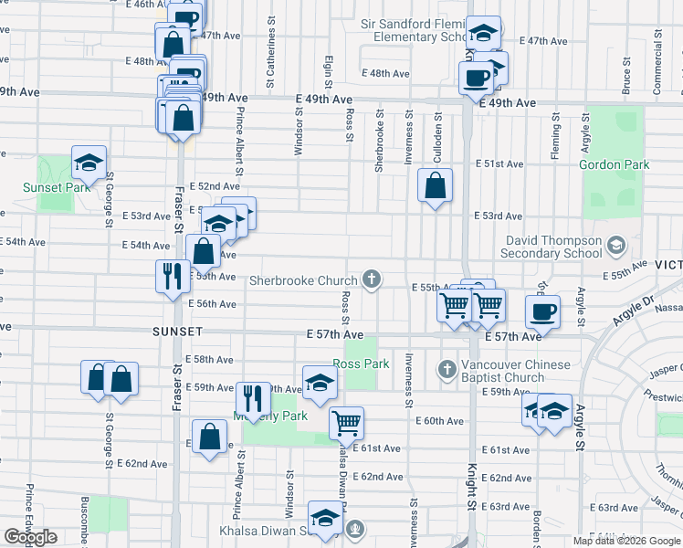 map of restaurants, bars, coffee shops, grocery stores, and more near 1091 East 55th Avenue in Vancouver
