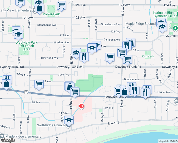 map of restaurants, bars, coffee shops, grocery stores, and more near 11956 214 Street in Maple Ridge