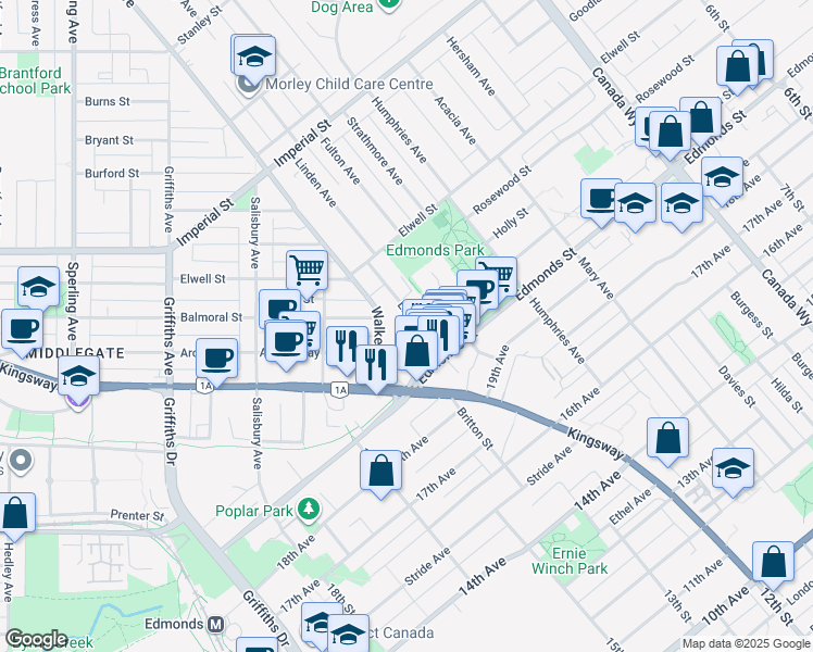 map of restaurants, bars, coffee shops, grocery stores, and more near 7111 Linden Avenue in Burnaby