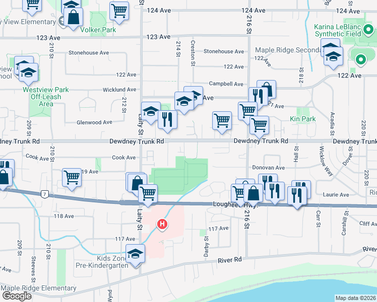 map of restaurants, bars, coffee shops, grocery stores, and more near 21415 Dewdney Trunk Road in Maple Ridge