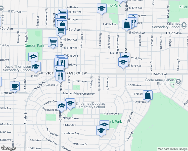 map of restaurants, bars, coffee shops, grocery stores, and more near 2280 East 54th Avenue in Vancouver