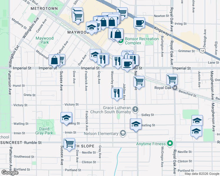 map of restaurants, bars, coffee shops, grocery stores, and more near 7007 Waverley Avenue in Burnaby