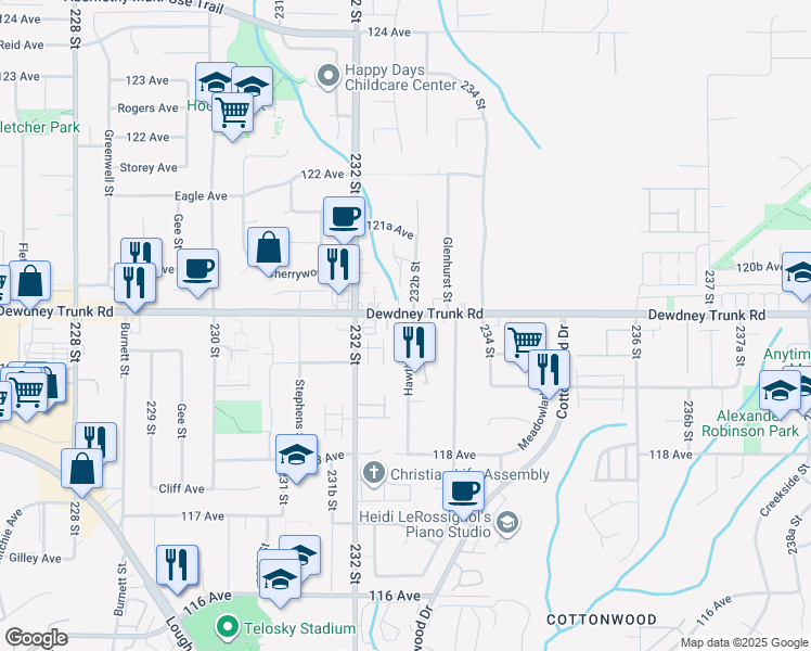 map of restaurants, bars, coffee shops, grocery stores, and more near 11987 Hawthorne Street in Maple Ridge