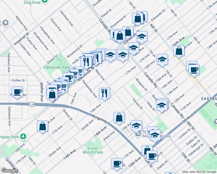 map of restaurants, bars, coffee shops, grocery stores, and more near 7501 17th Avenue in Burnaby