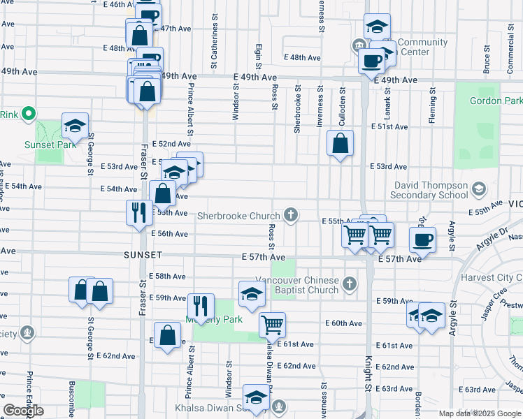 map of restaurants, bars, coffee shops, grocery stores, and more near 1087 East 55th Avenue in Vancouver