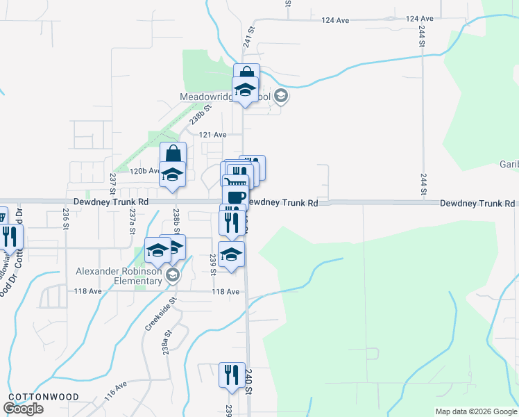 map of restaurants, bars, coffee shops, grocery stores, and more near 24036 Dewdney Trunk Road in Maple Ridge