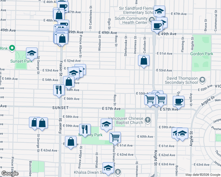 map of restaurants, bars, coffee shops, grocery stores, and more near 1087 East 55th Avenue in Vancouver