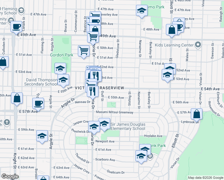 map of restaurants, bars, coffee shops, grocery stores, and more near 2160 East 54th Avenue in Vancouver