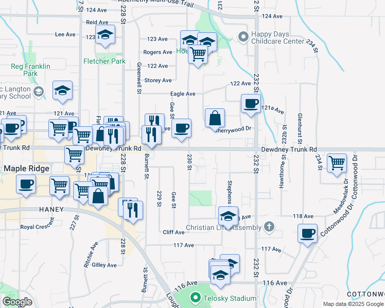 map of restaurants, bars, coffee shops, grocery stores, and more near 11975 230 Street in Maple Ridge