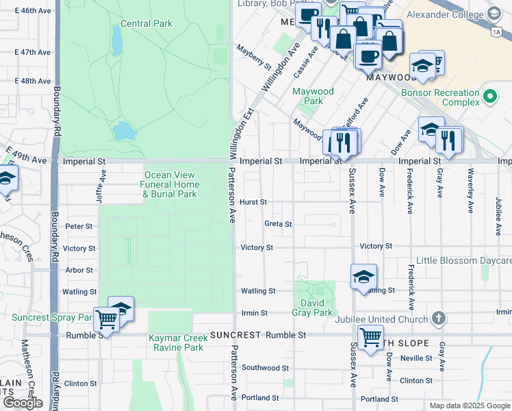 map of restaurants, bars, coffee shops, grocery stores, and more near 7007 Willingdon Avenue in Burnaby