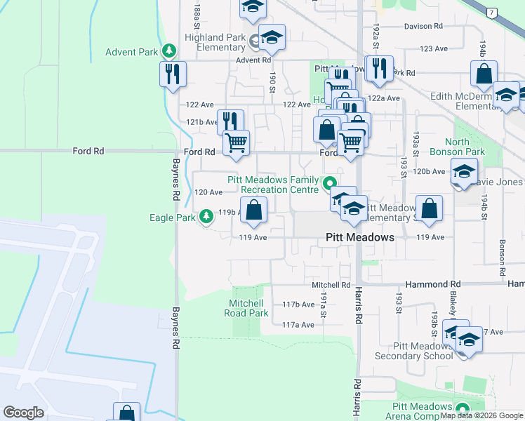 map of restaurants, bars, coffee shops, grocery stores, and more near 12000 189B Street in Pitt Meadows