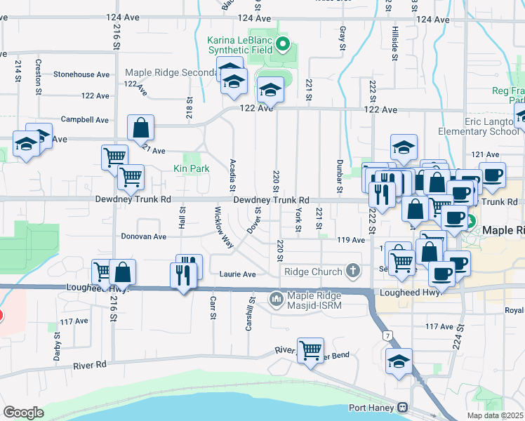 map of restaurants, bars, coffee shops, grocery stores, and more near 11990 Dover Street in Maple Ridge