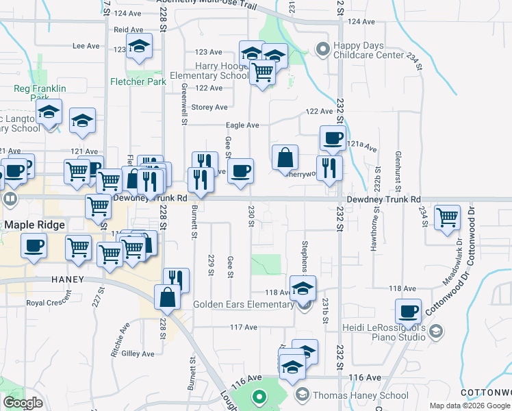 map of restaurants, bars, coffee shops, grocery stores, and more near 11975 230 Street in Maple Ridge
