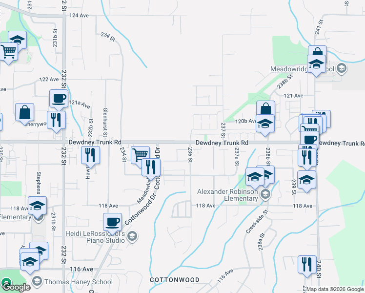 map of restaurants, bars, coffee shops, grocery stores, and more near 23580 Dewdney Trunk Road in Maple Ridge