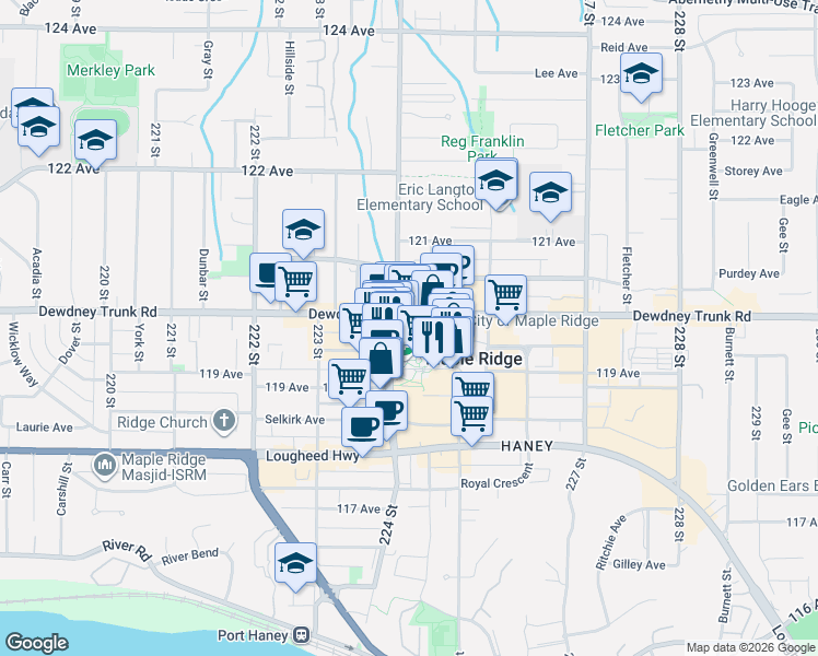 map of restaurants, bars, coffee shops, grocery stores, and more near 22420 Dewdney Trunk Road in Maple Ridge