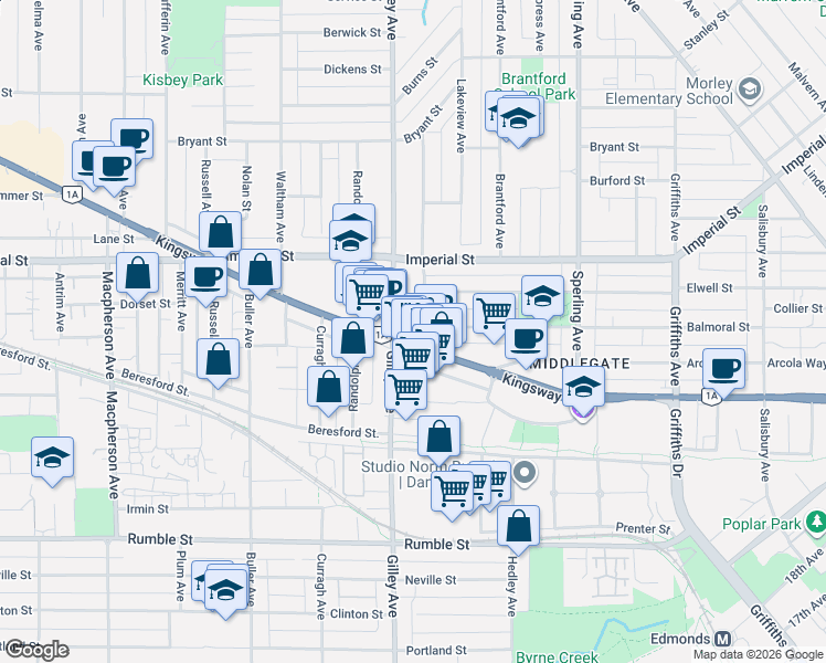 map of restaurants, bars, coffee shops, grocery stores, and more near 6355 Kingsway in Burnaby