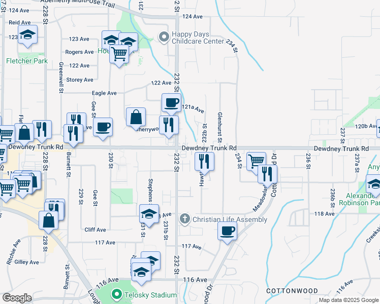 map of restaurants, bars, coffee shops, grocery stores, and more near 23248 Dewdney Trunk Road in Maple Ridge