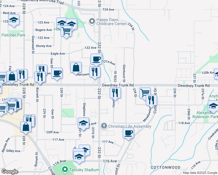 map of restaurants, bars, coffee shops, grocery stores, and more near 23266 Dewdney Trunk Road in Maple Ridge