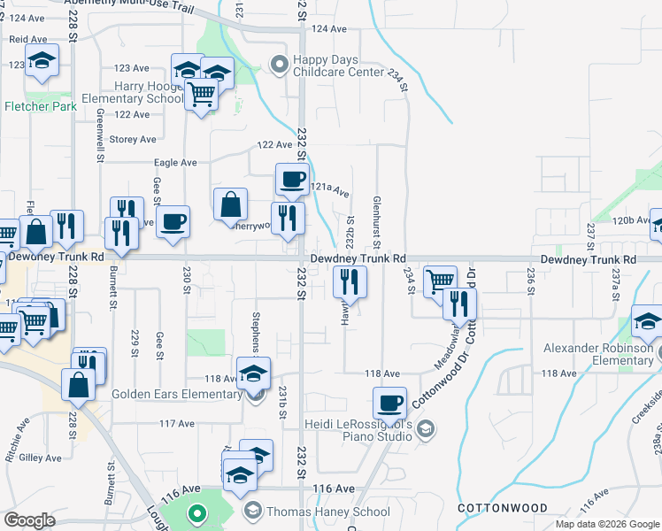 map of restaurants, bars, coffee shops, grocery stores, and more near 11950 232 Street in Maple Ridge