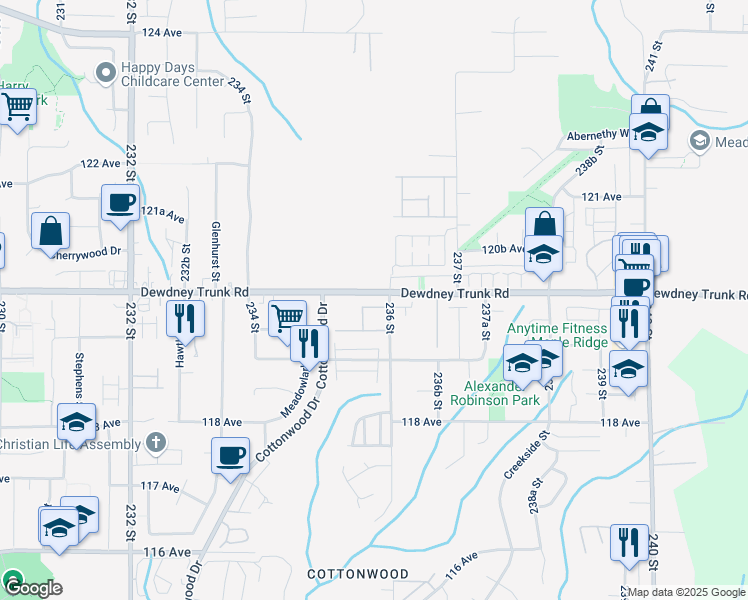 map of restaurants, bars, coffee shops, grocery stores, and more near 23580 Dewdney Trunk Road in Maple Ridge