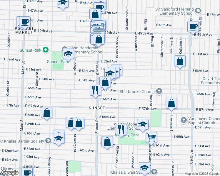 map of restaurants, bars, coffee shops, grocery stores, and more near 753 East 55th Avenue in Vancouver