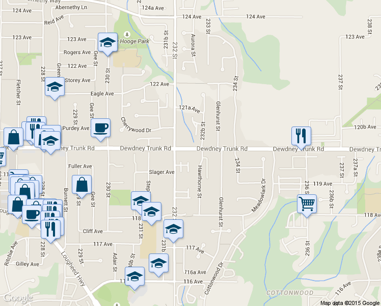 map of restaurants, bars, coffee shops, grocery stores, and more near 23262 Dewdney Trunk Road in Maple Ridge