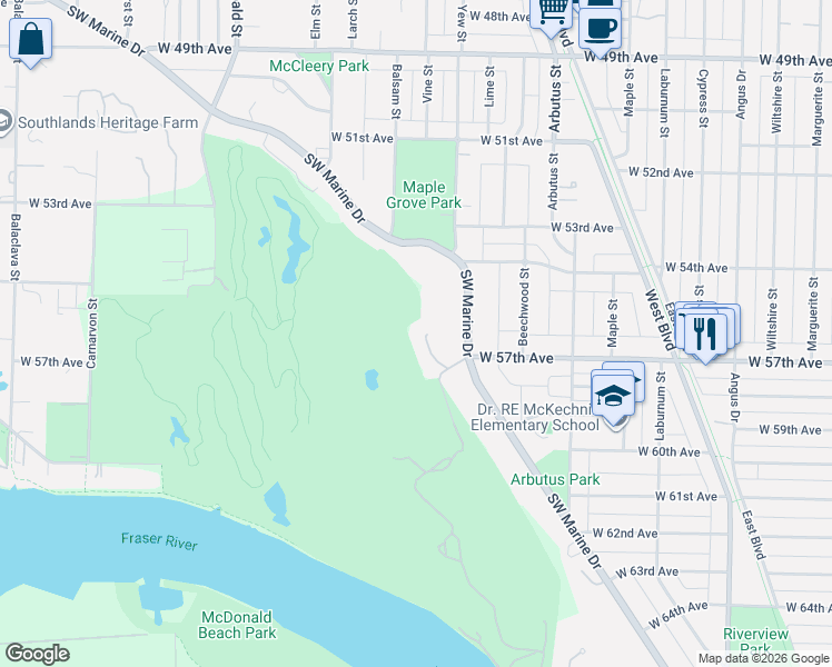map of restaurants, bars, coffee shops, grocery stores, and more near 2236 Yewbrook Place in Vancouver