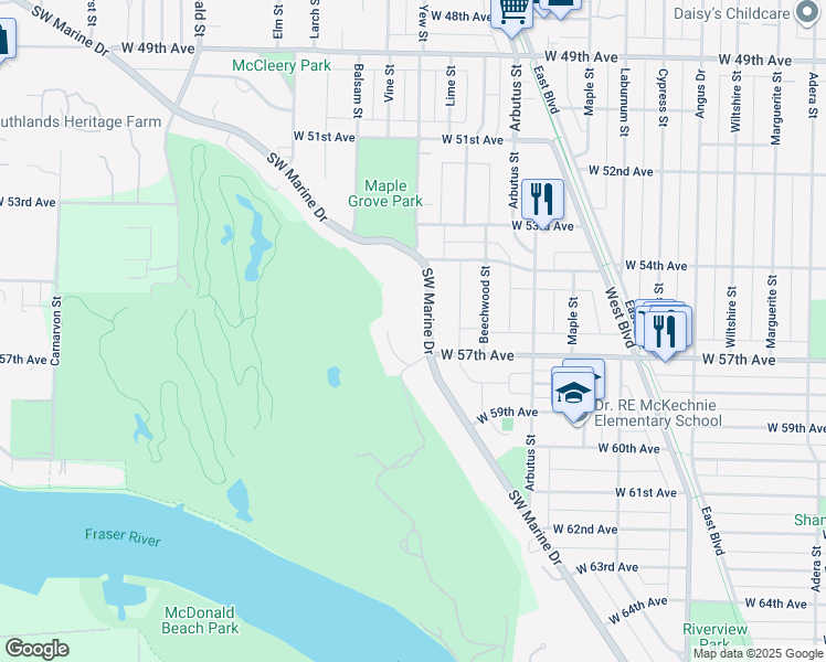 map of restaurants, bars, coffee shops, grocery stores, and more near 2206 Southwest Marine Drive in Vancouver
