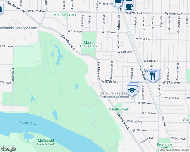 map of restaurants, bars, coffee shops, grocery stores, and more near 2200 Southwest Marine Drive in Vancouver