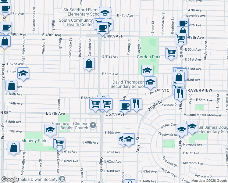 map of restaurants, bars, coffee shops, grocery stores, and more near 1488 East 54th Avenue in Vancouver