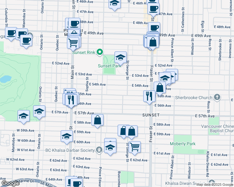 map of restaurants, bars, coffee shops, grocery stores, and more near 459 East 55th Avenue in Vancouver