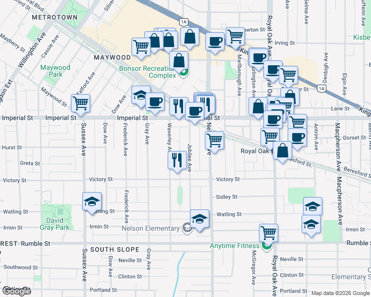 map of restaurants, bars, coffee shops, grocery stores, and more near 6991 Jubilee Avenue in Burnaby