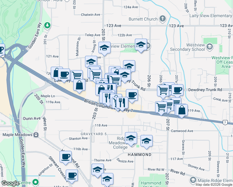 map of restaurants, bars, coffee shops, grocery stores, and more near 20395 Lougheed Highway in Maple Ridge