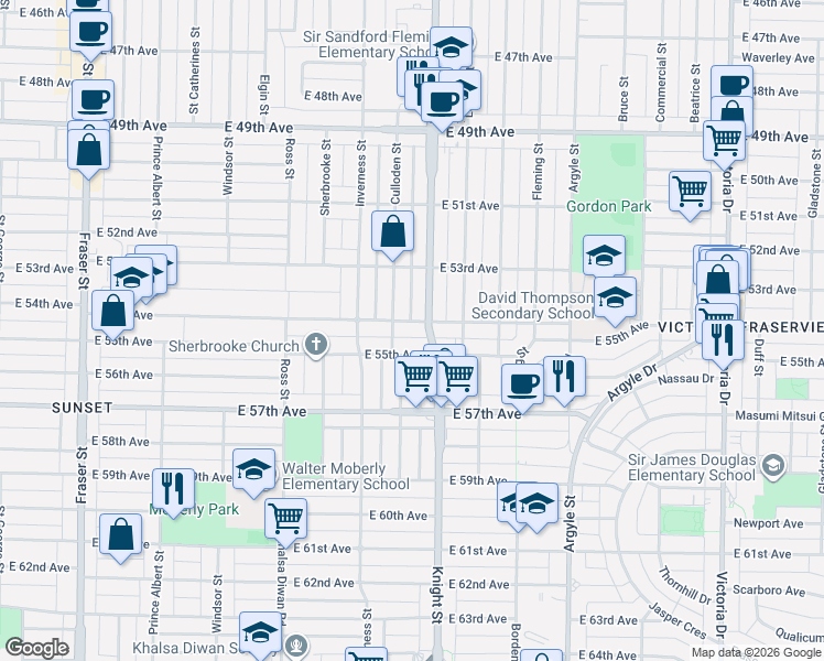 map of restaurants, bars, coffee shops, grocery stores, and more near in Vancouver